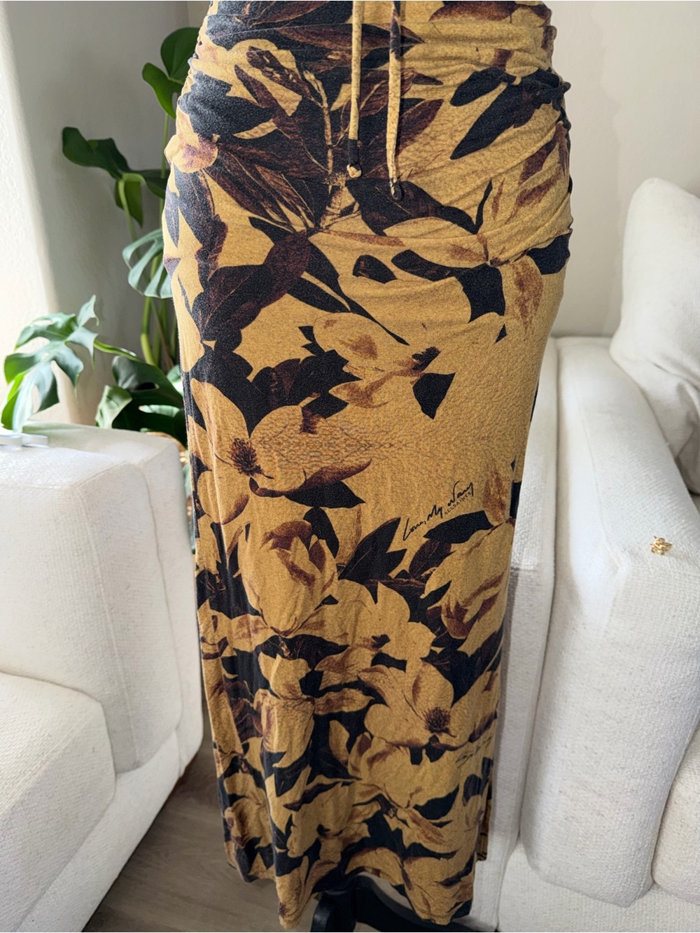 AllSaints Mustard and Black Floral Maxi Dress with Tie Front - Picture 6 of 14